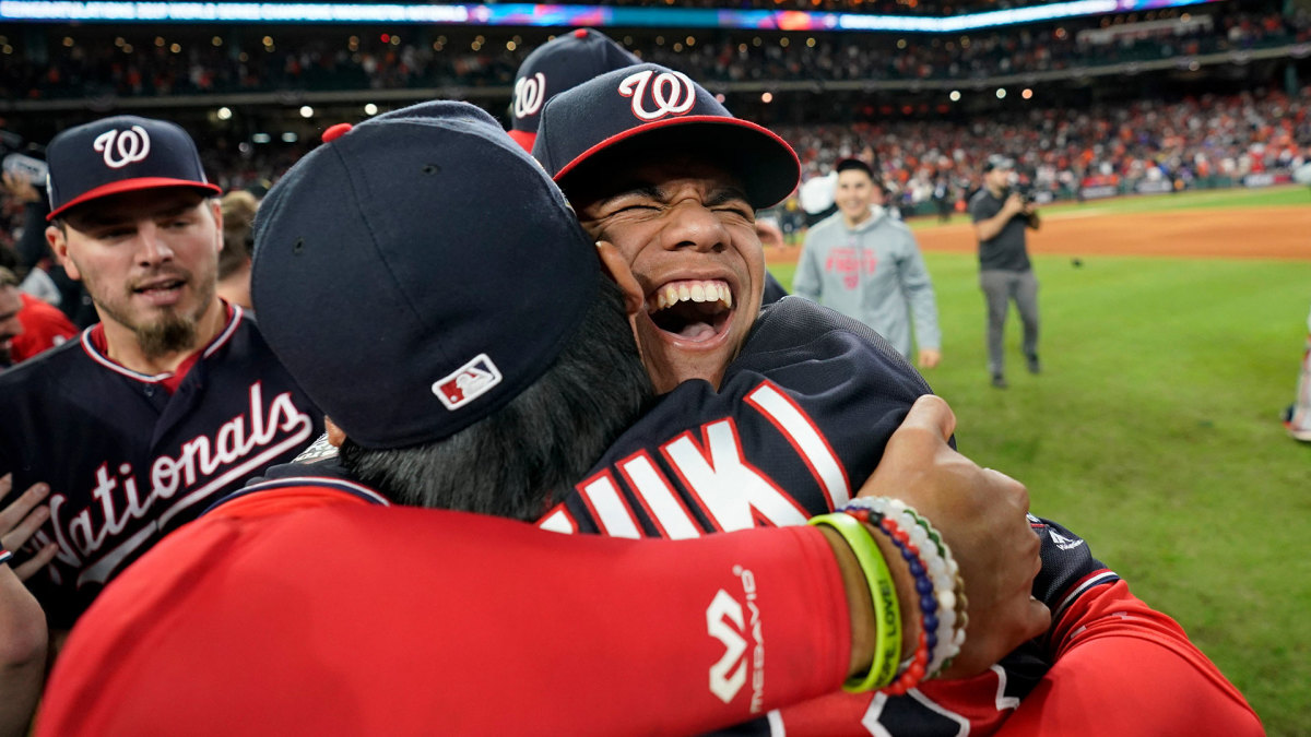 YE Ode To Sports, Houston, USA - 30 Oct 2019 Shows Washington Nationals left fielder Juan Soto, right, hugging catcher Kurt Suzuki after Game 7 of the baseball World Series against the Houston Astros in Houston. Washington, really? Can that be? First World Series since '33 30 Oct 2019 Image ID: 10508974a Featured in: YE Ode To Sports, Houston, USA - 30 Oct 2019 Photo Credit: David J Phillip/AP/Shutterstock