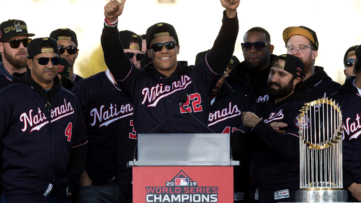 Nationals Spring Preview Baseball, Washington, USA - 02 Nov 2019 Washington Nationals left fielder Juan Soto, center, celebrates with teammates during a rally following a parade to celebrate the team's World Series baseball championship over Houston Astros in Washington. The Nationals head to spring training with mostly the same squad that won the World Series. They are counting again on being led by a star-studded rotation featuring Max Scherzer and Stephen Strasburg, along with slugger Soto 2 Nov 2019 Image ID: 10550675a Featured in: Nationals Spring Preview Baseball, Washington, USA - 02 Nov 2019 Photo Credit: Jose Luis Magana/AP/Shutterstock