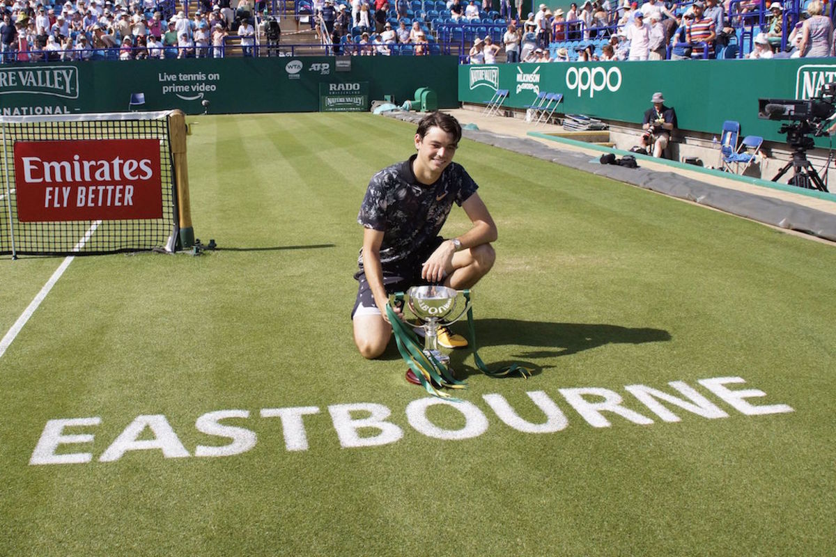 Mandatory Credit: Photo by Jonathan Dunville/ProSports/Shutterstock (10324394d) Taylor Fritz (USA) Beats Sam Querrey (USA) Action at the Nature Valley International Eastbourne 2019, at Devonshire Park, Eastbourne Nature Valley International Eastbourne - 29 Jun 2019