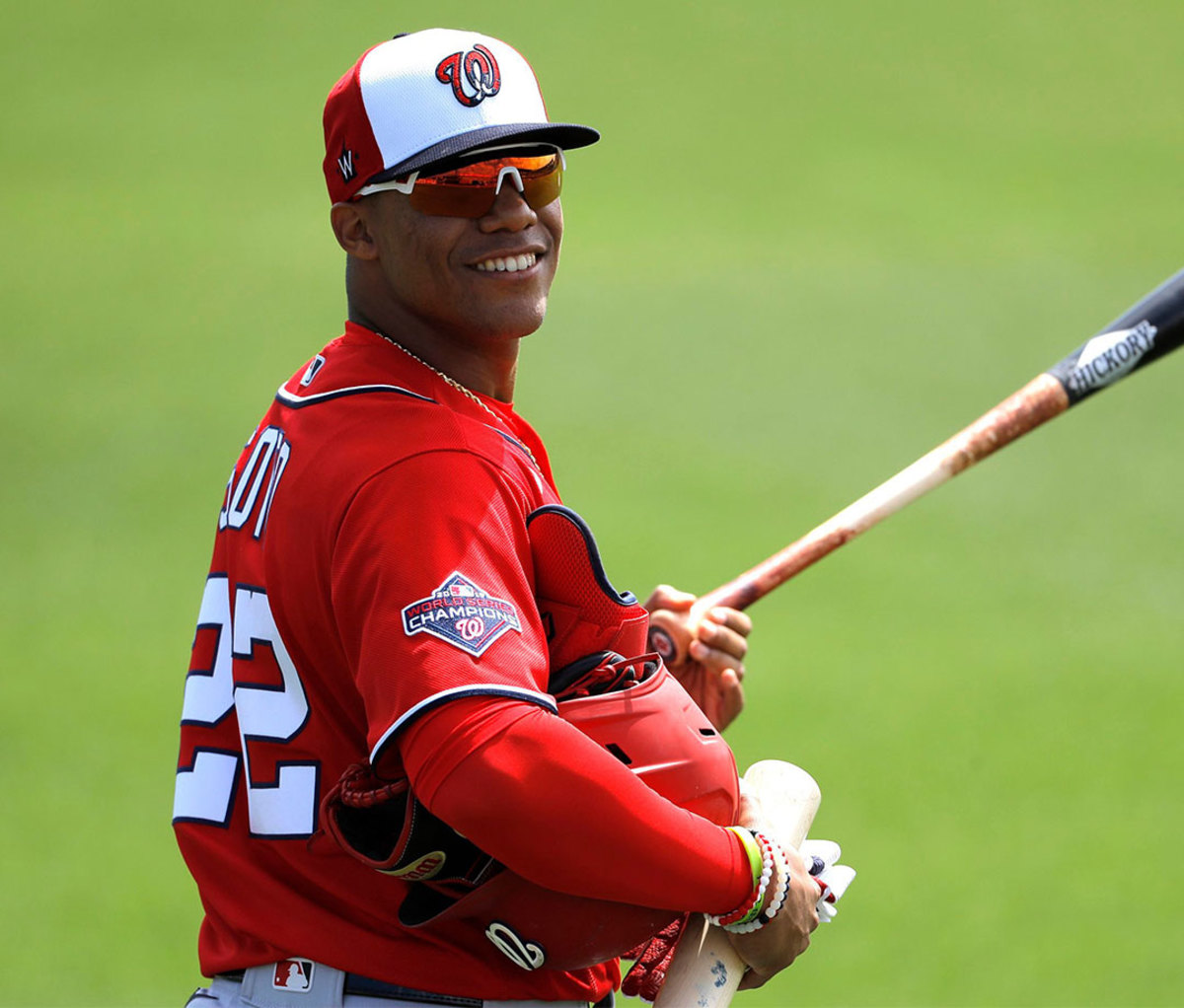 Washington Nationals left fielder Juan Soto reacts to comments by Miami Marlins players as he heads to the dugout prior to a spring training baseball game