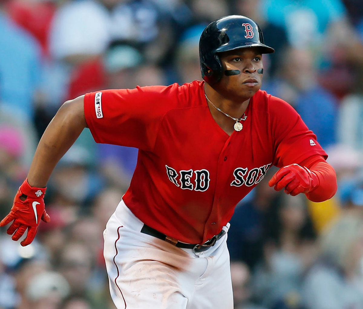 Boston Red Sox's Rafael Devers plays against the Baltimore Orioles during the seventh inning of a baseball game in Boston