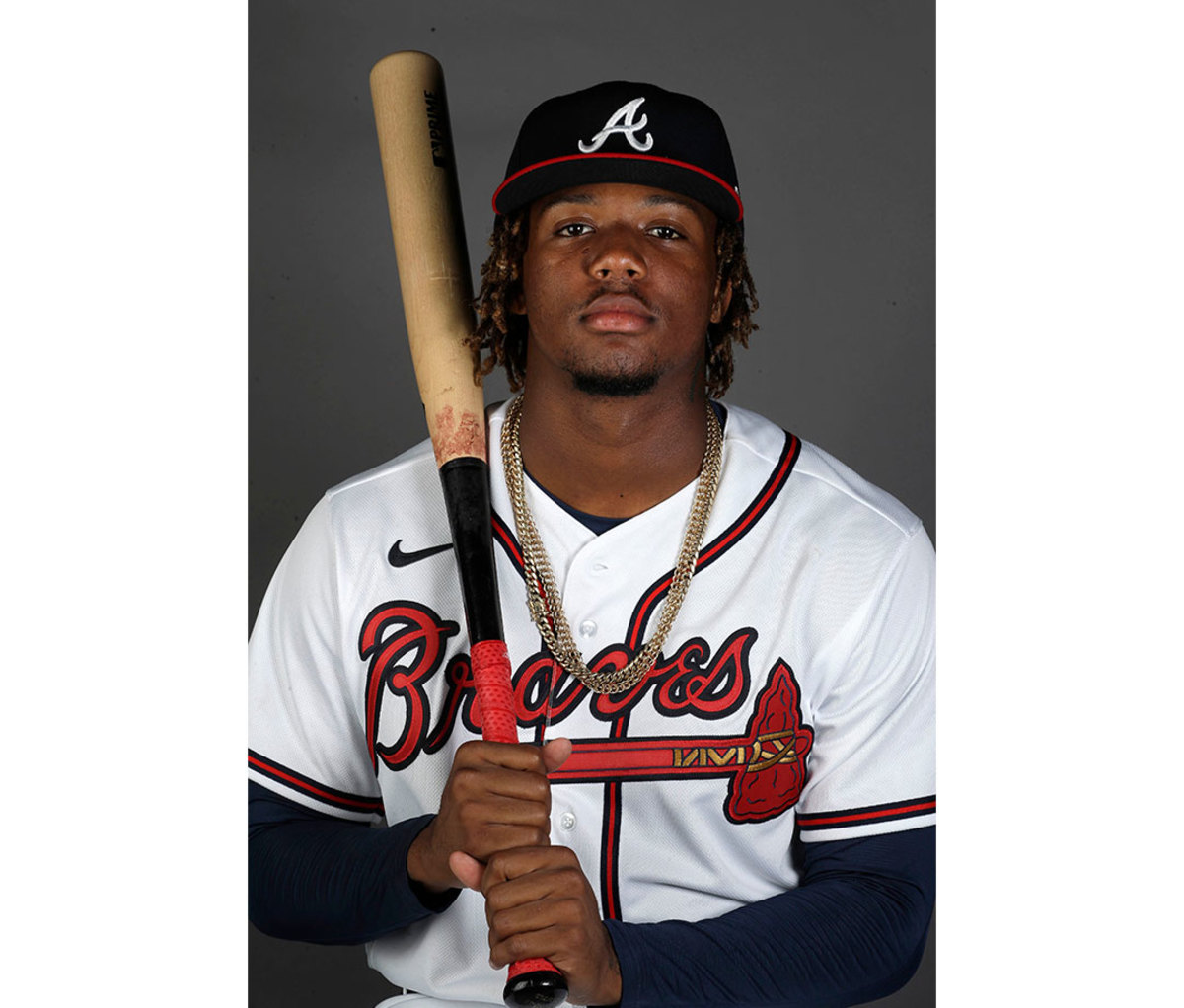 Ronald Acuña Jr. of the Atlanta Braves posing with baseball bat