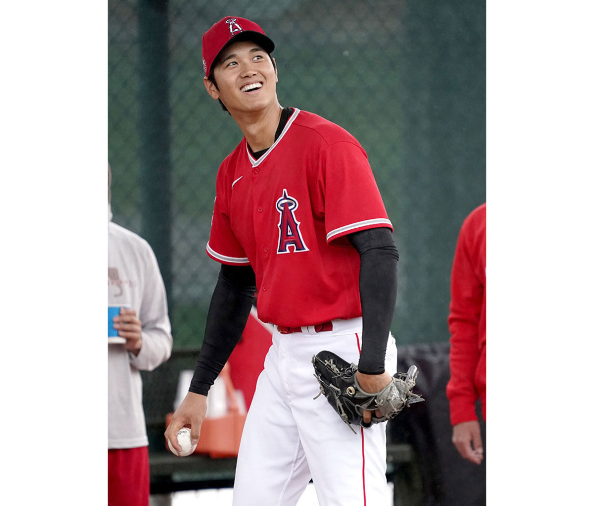 Shohei Ohtani of the Los Angeles Angels during the Major League Baseball spring training baseball workouts in Tempe, Arizona
