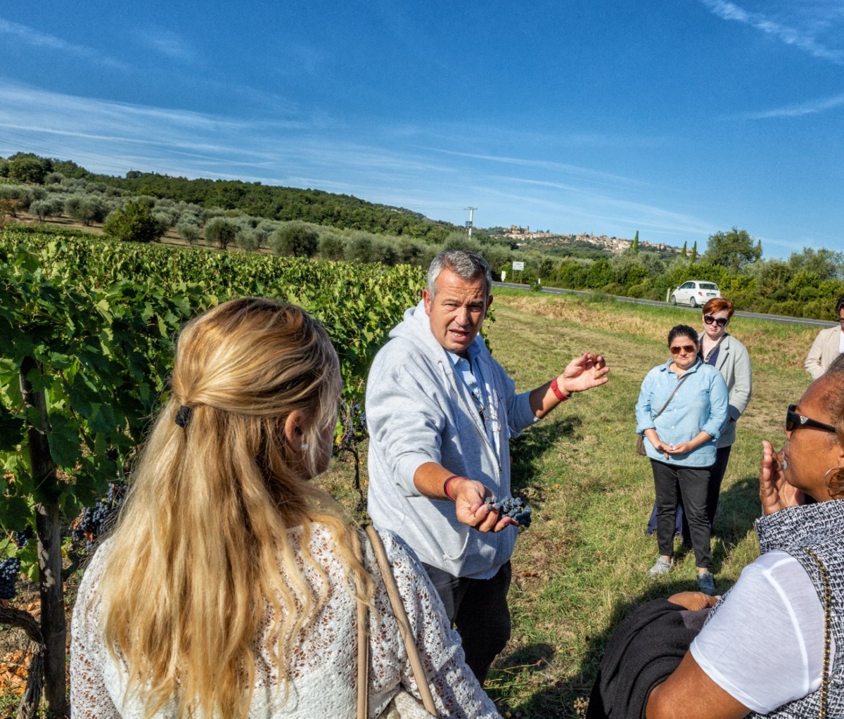 Vintner Giacomo Neri tasting grapes with a group of tourists across from Casanova di Neri winery in Montalcino, Tuscany