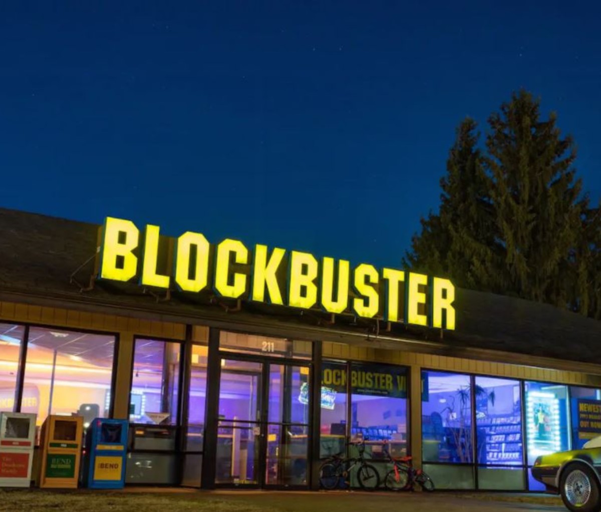 Exterior of Blockbuster at night