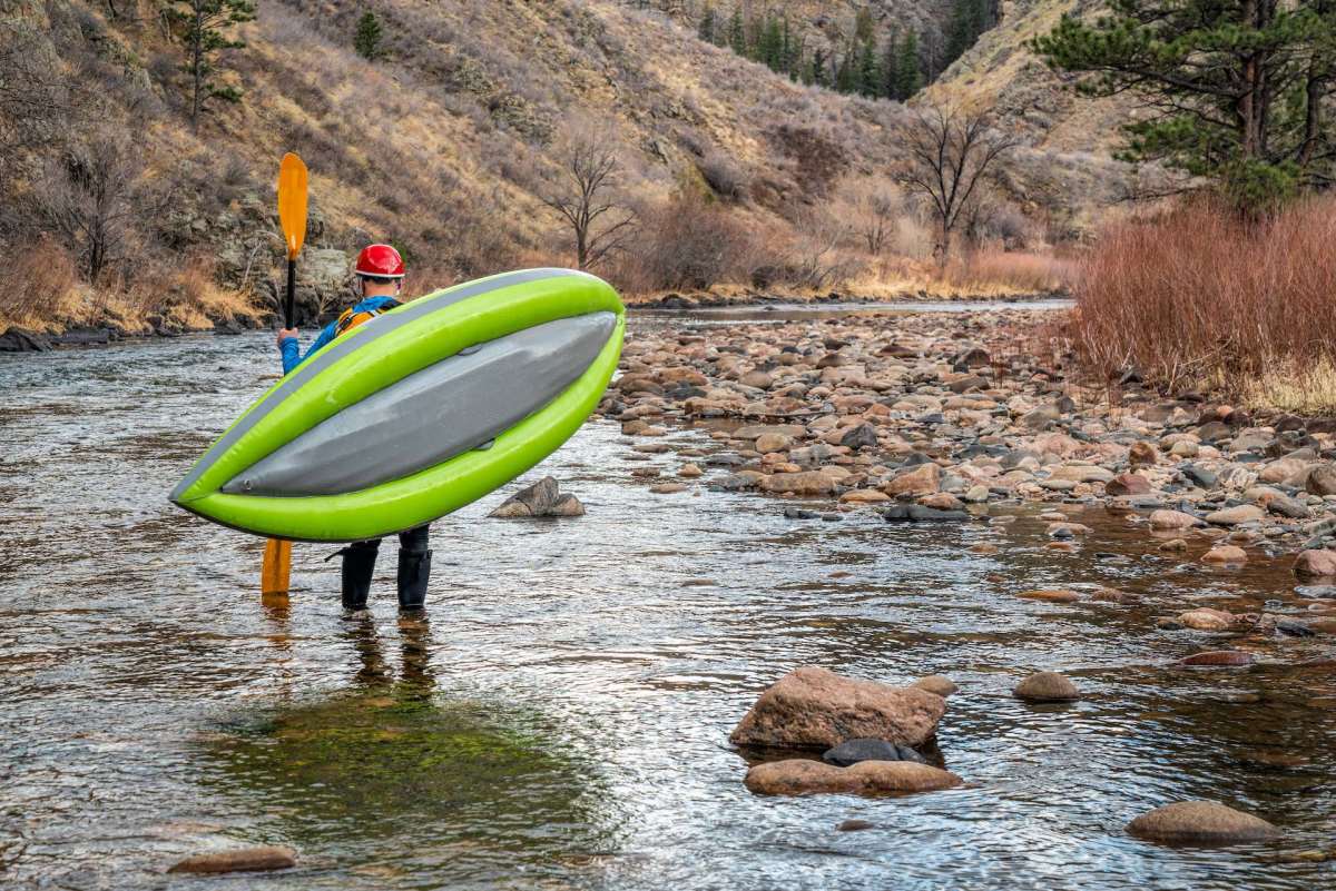 Inflatable kayaking Paddling low flows on the Poudre River above Fort Collins, CO.