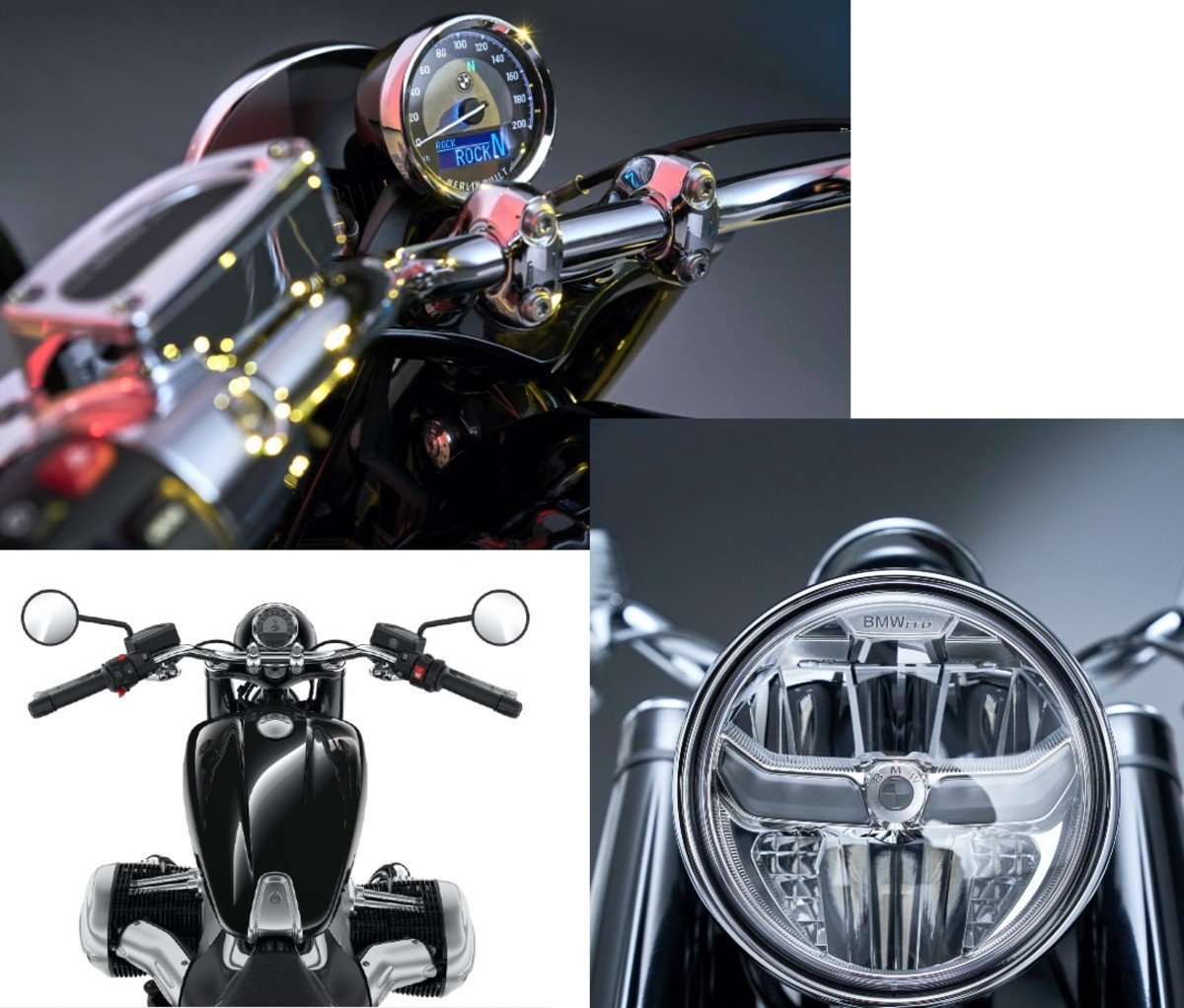 Closeups of the BMW R 18, including the oil-and-air-cooled engine’s giant cylinder heads protruding from the bike; the mid-mounted foot pegs are just behind them. The rear end presents like a hardtail bike, but its design actually hides a shock.