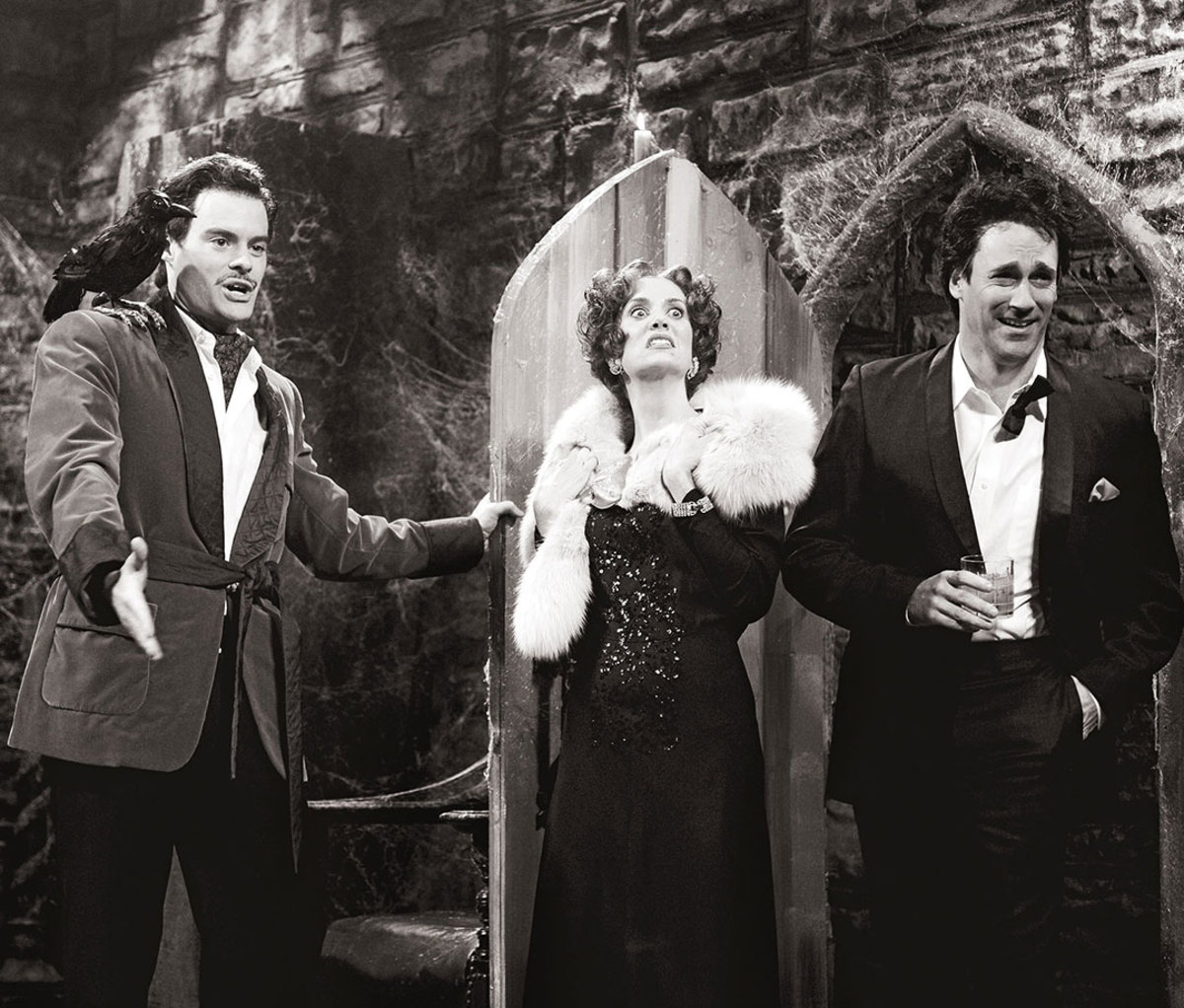 Bill Hader as Vincent Price, Kristen Wiig as Gloria Swanson, Jon Hamm as James Mason during the 'VIncent Price's Halloween Special' skit on October 25, 2008