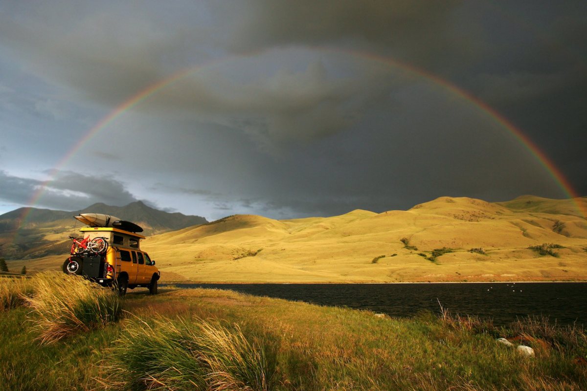 Camping under the rainbow with 4x4 RV van in Montana