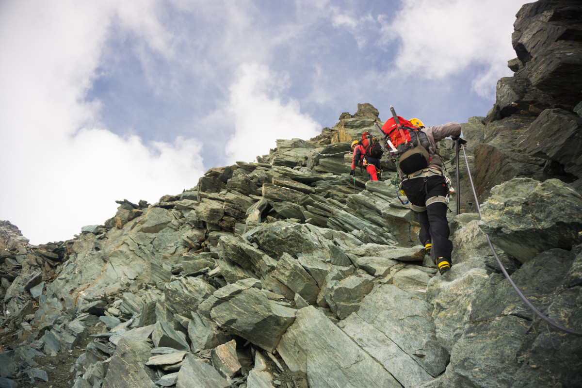 Two mountaineers on the ridge climbing Grossglockner, Austria
