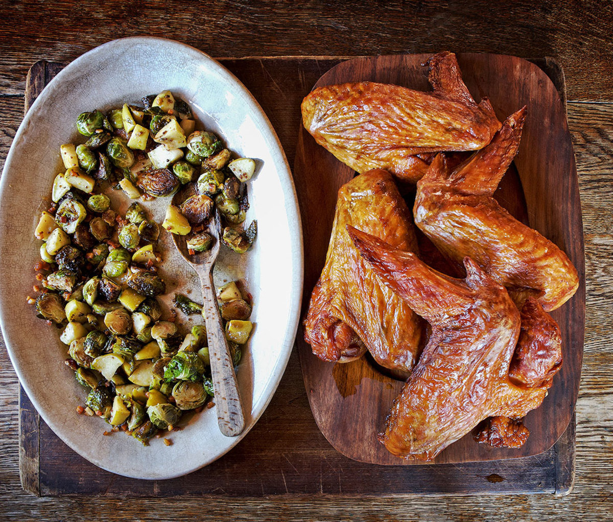 Smoked Turkey Wings Over Bacon Brussels Sprouts