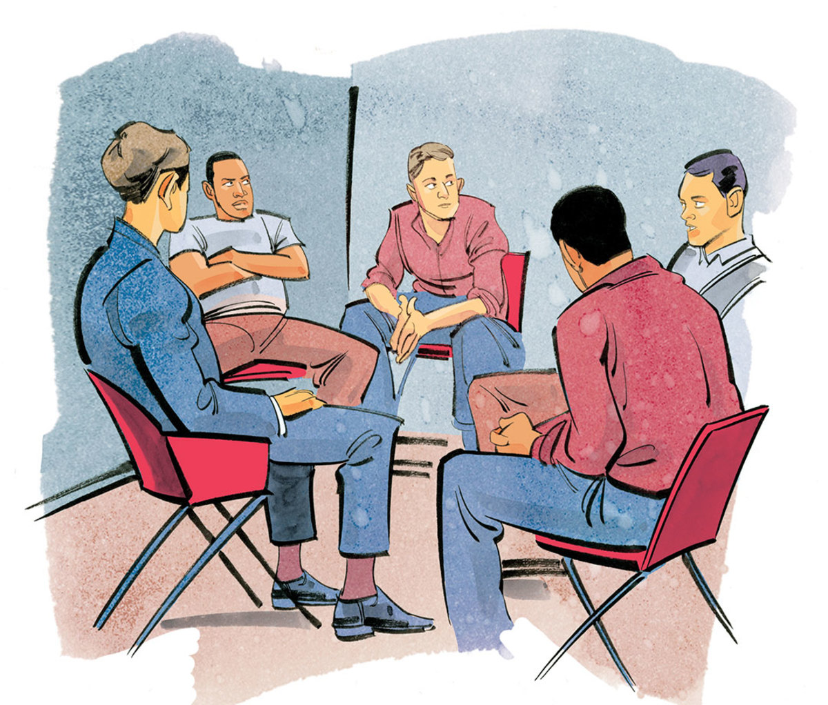 Illustration of men in group therapy