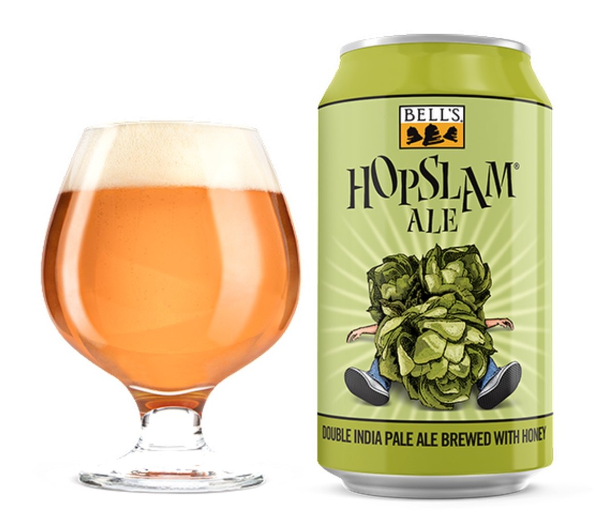 A glass and a can of Bell’s Hopslam Ale