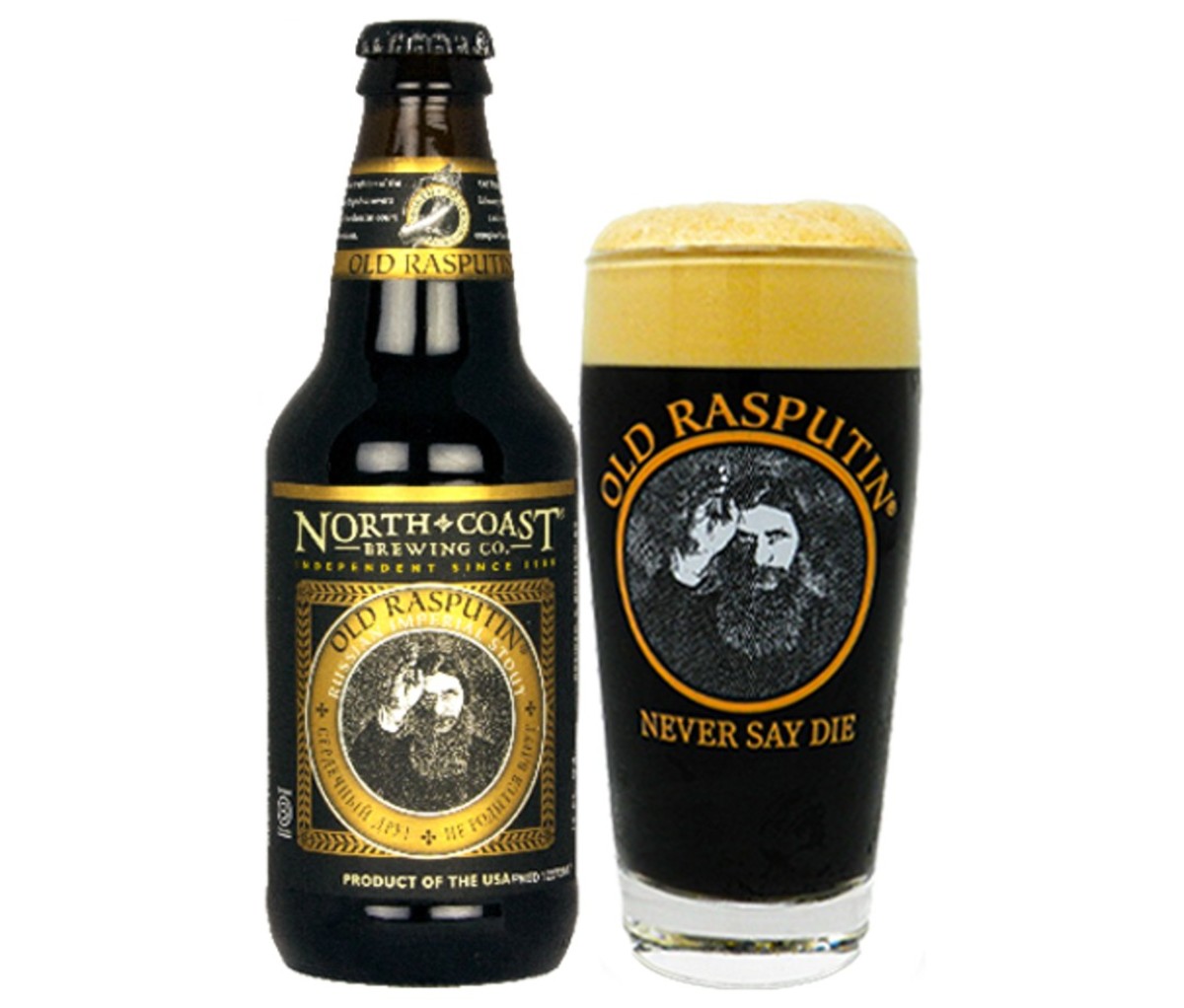A bottle and a glass of North Coast Old Rasputin