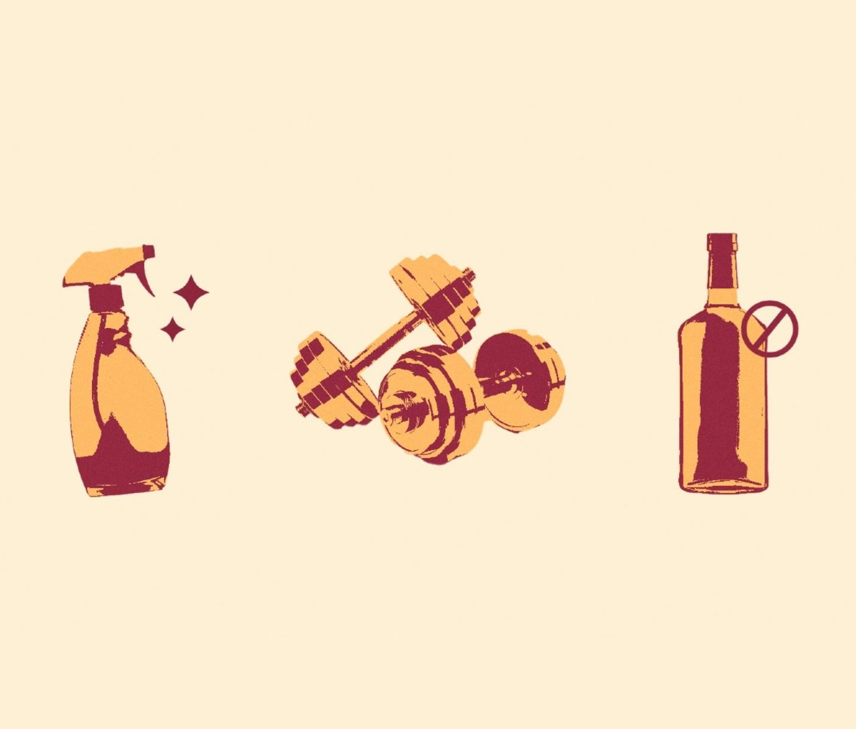 Illustration of disinfectant bottle, pair of dumbbells, and depiction of abstaining from alcohol