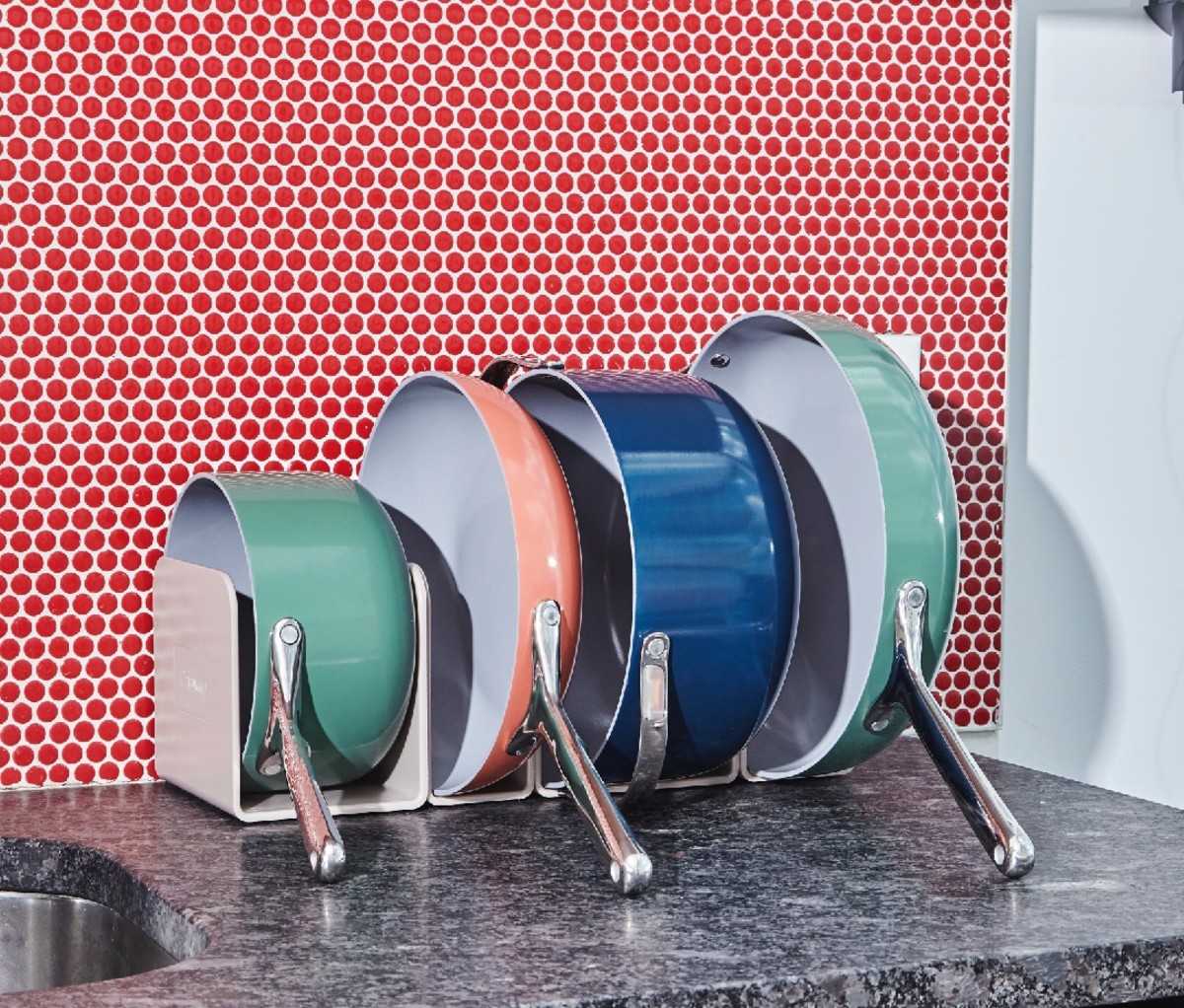 Caraway Cookware Set in Magnetic Storage System (seen in Sage, Perracotta and Navy)
