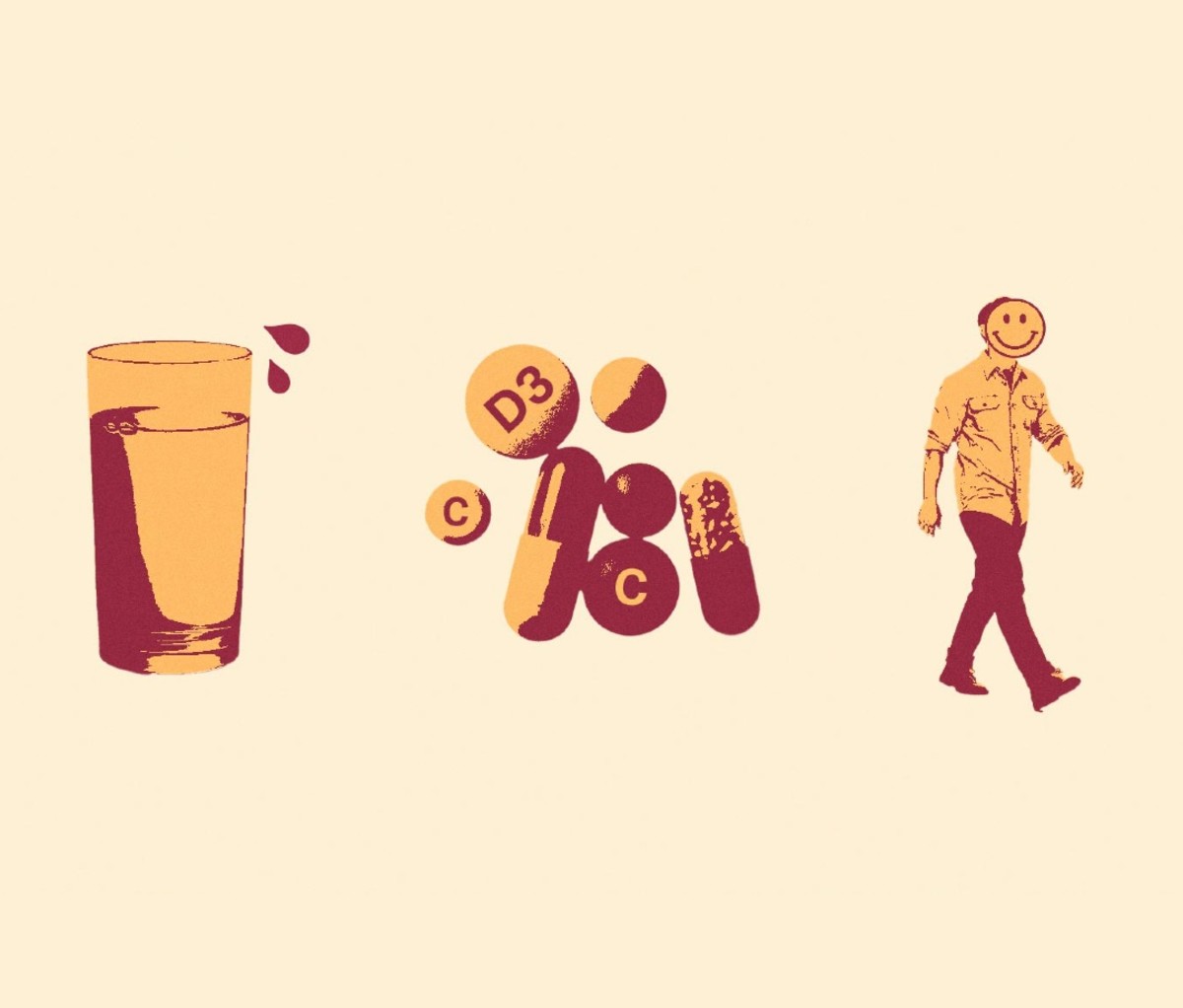 Illustration of a glass of water, multivitamins, and man getting exercise