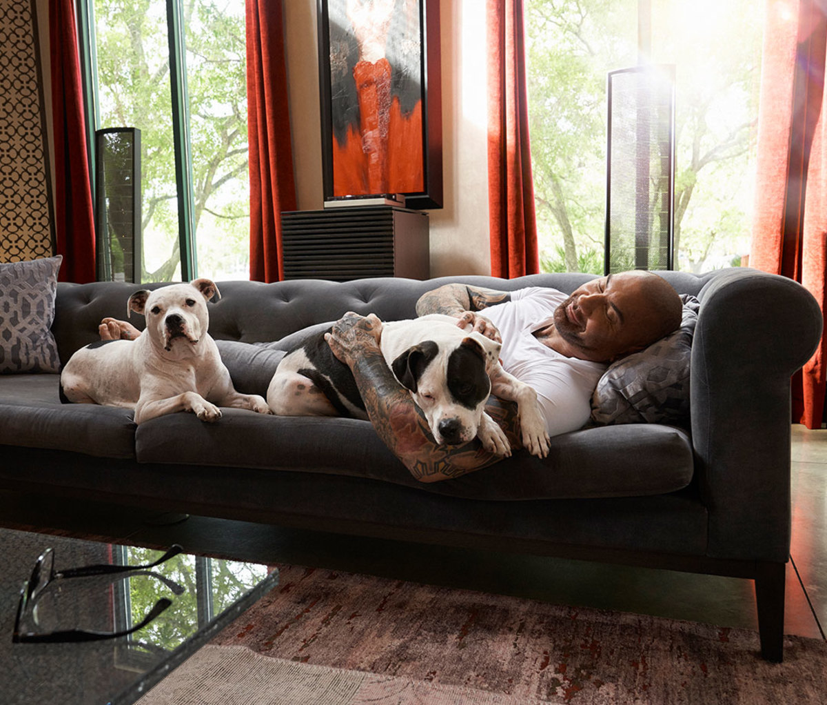 Dave Bautista on couch with his six-year-old pit bull mixes.