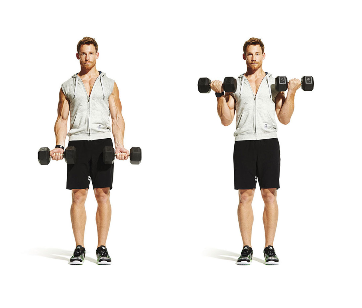 Man in athletic apparel doing dumbbell biceps curl