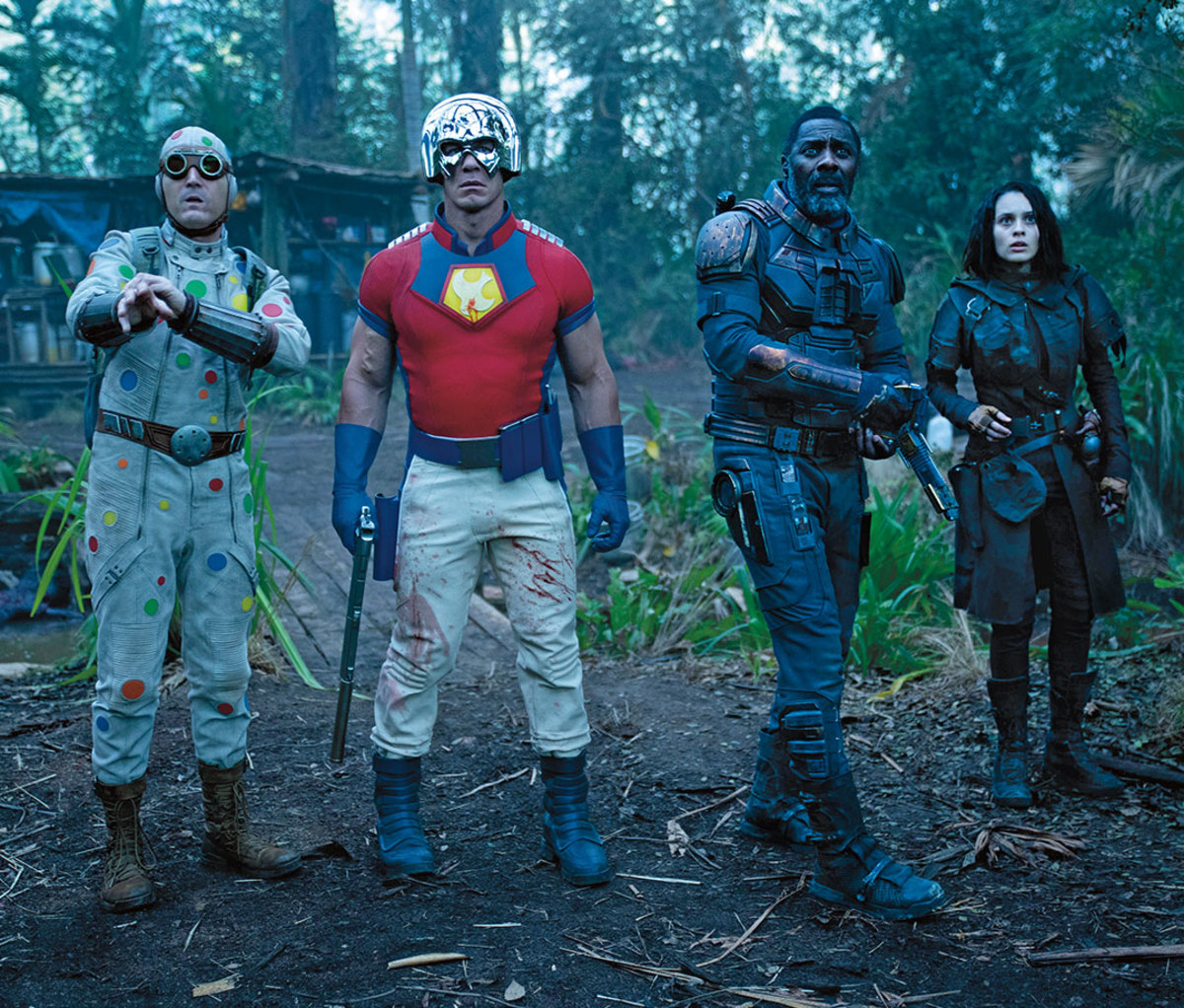 From left: David Dastmalchian as Polka-Dot Man, John Cena as Peacemaker, Idris Elba as Bloodsport, and Daniela Melchior as Ratcatcher 2 in 'The Suicide Squad'
