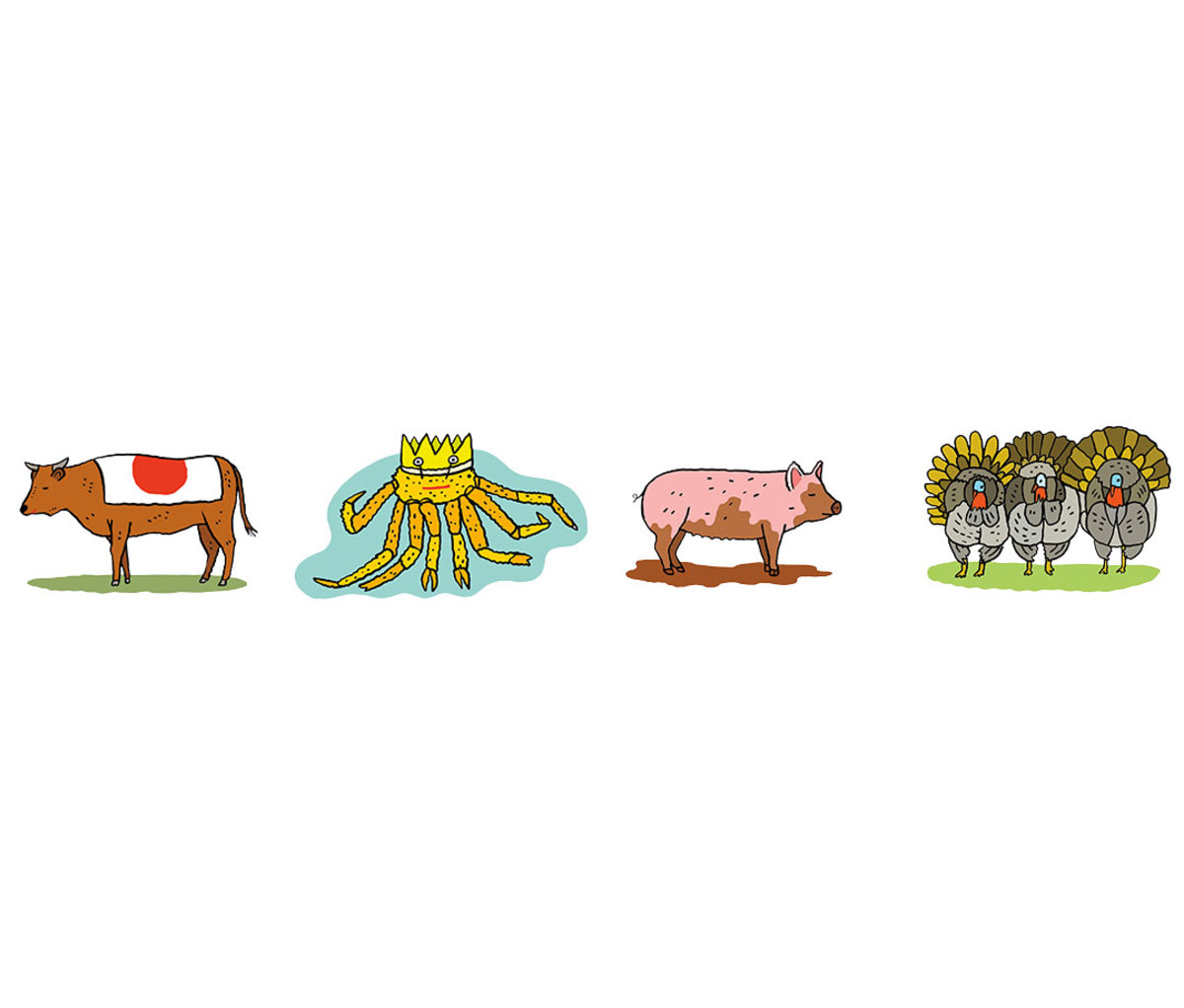 Illustration of beef, crab, pork, and turkey