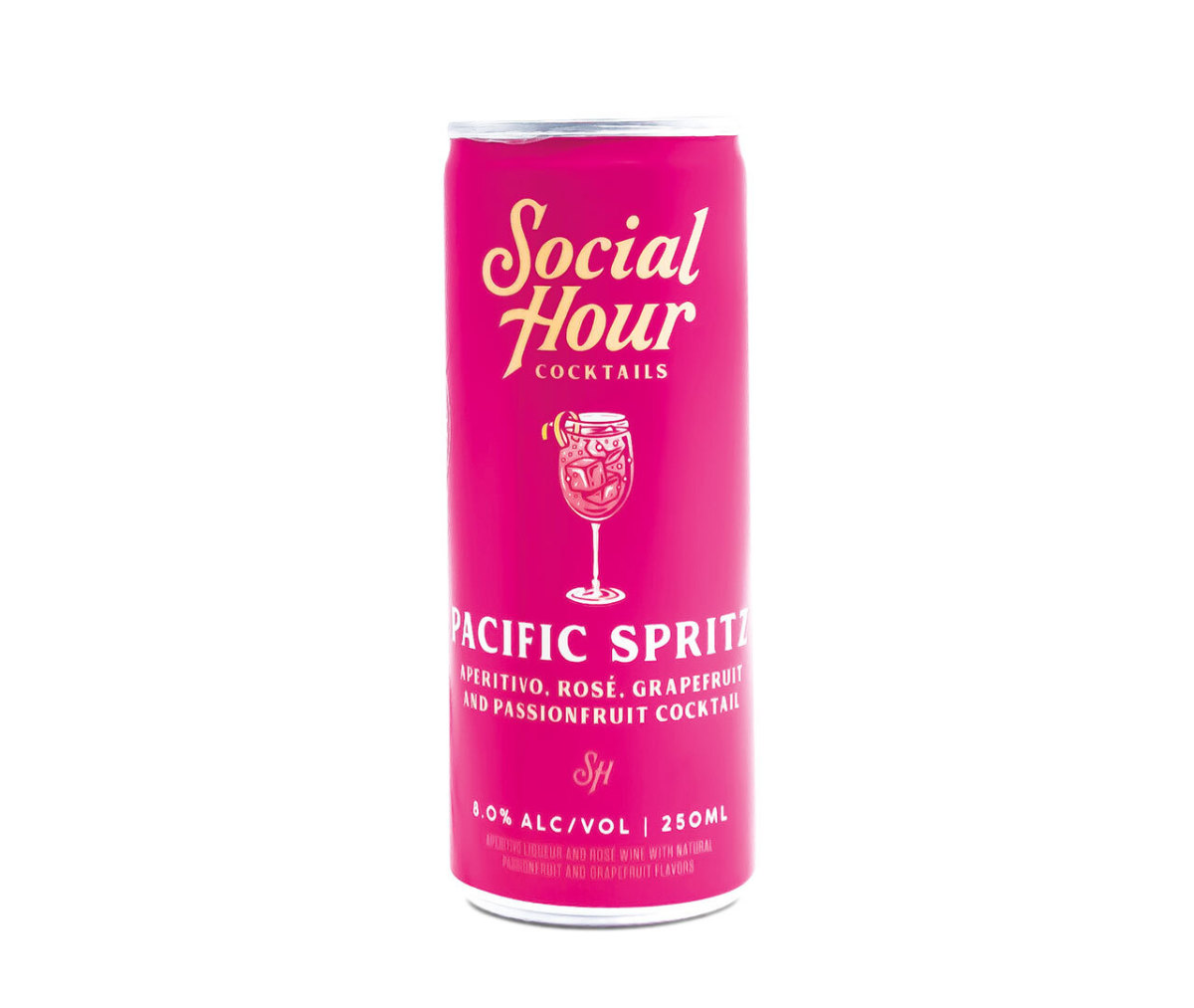 Pink can of Social Hour Cocktails Pacific Spritz 