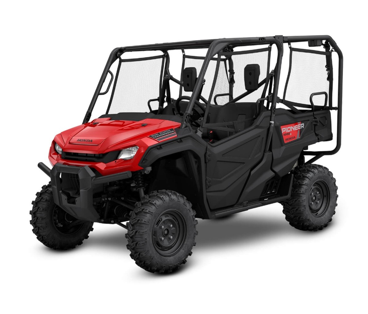 Honda Pioneer 1000-5 in red on a white background. side-by-side UTVs