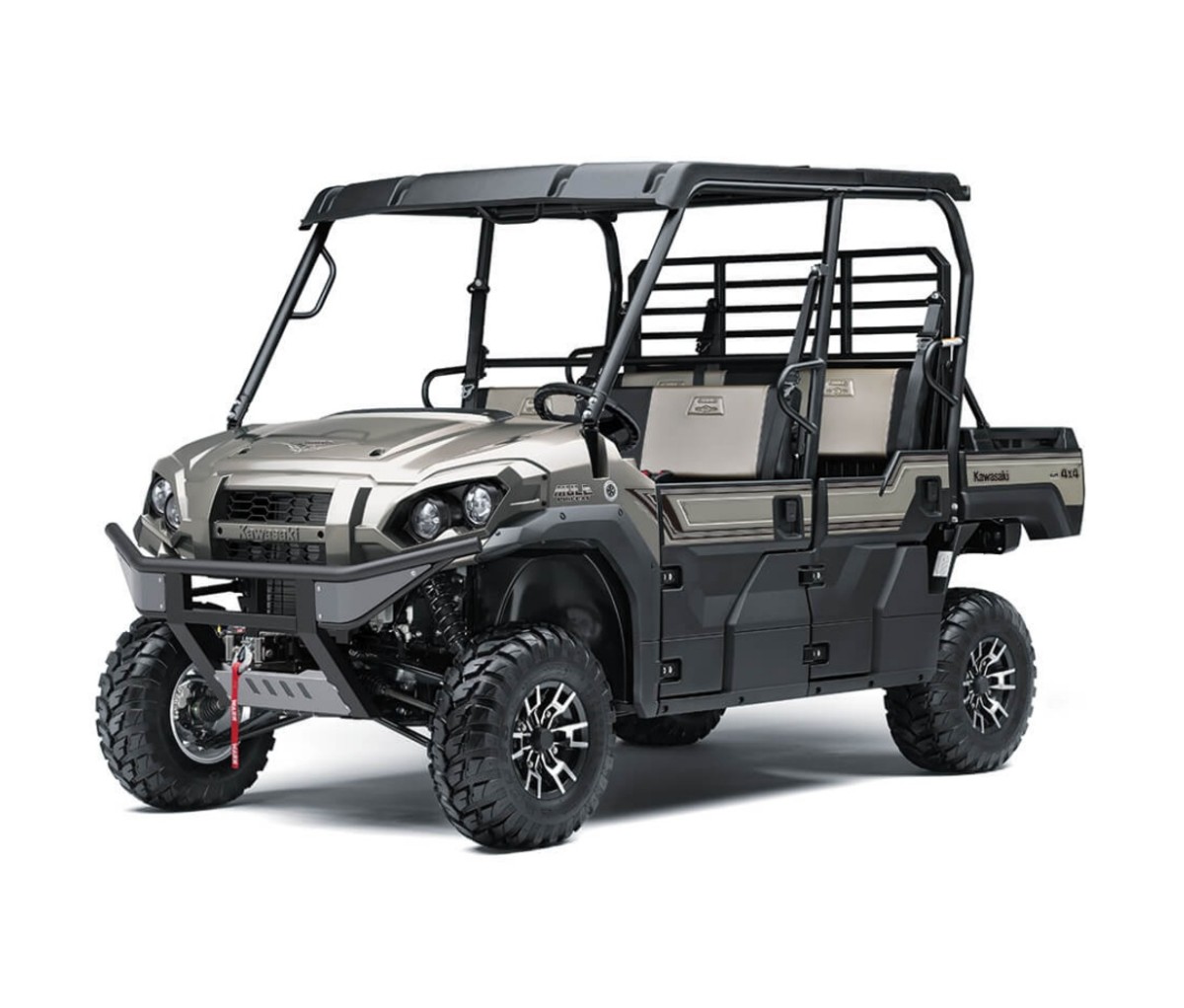 Kawasaki Mule Pro-FXT Ranch Edition in metallic titanium on a white background. side-by-side UTVs
