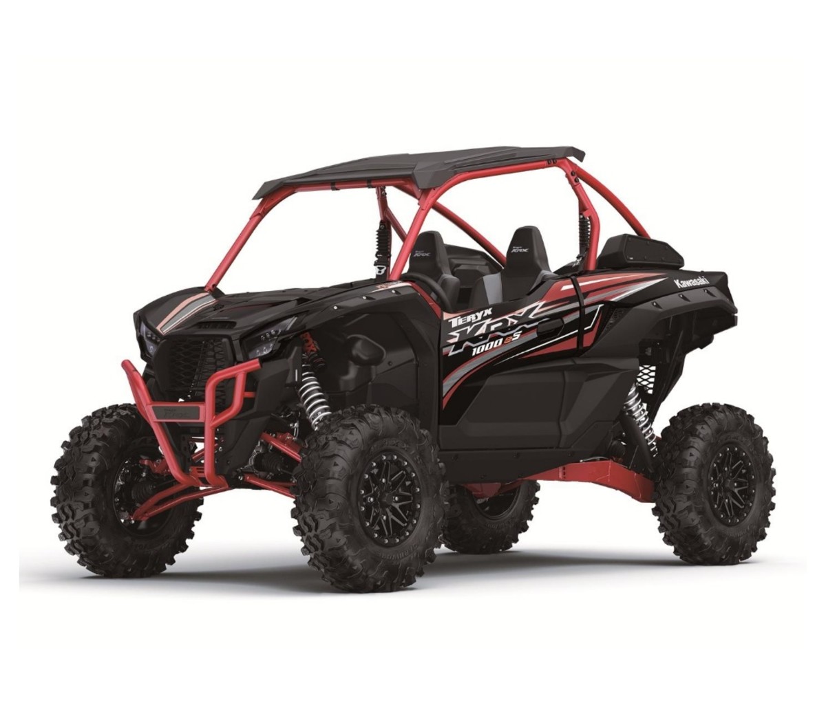 Kawasaki Teryx KRX 1000 eS in black and red on a white background. side-by-side UTVs