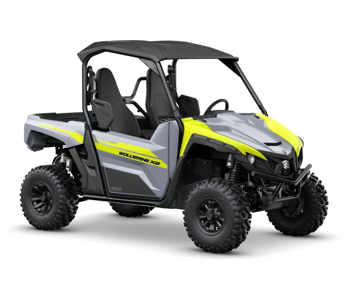 Yamaha Wolverine X2 850 R-Spec in grey and yellow on a white background. side-by-side UTVs