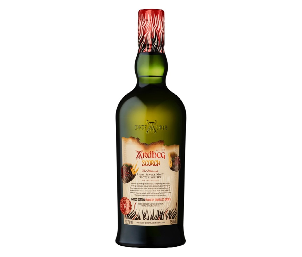 A bottle of Ardbeg Scorch. The label appears slightly burnt.