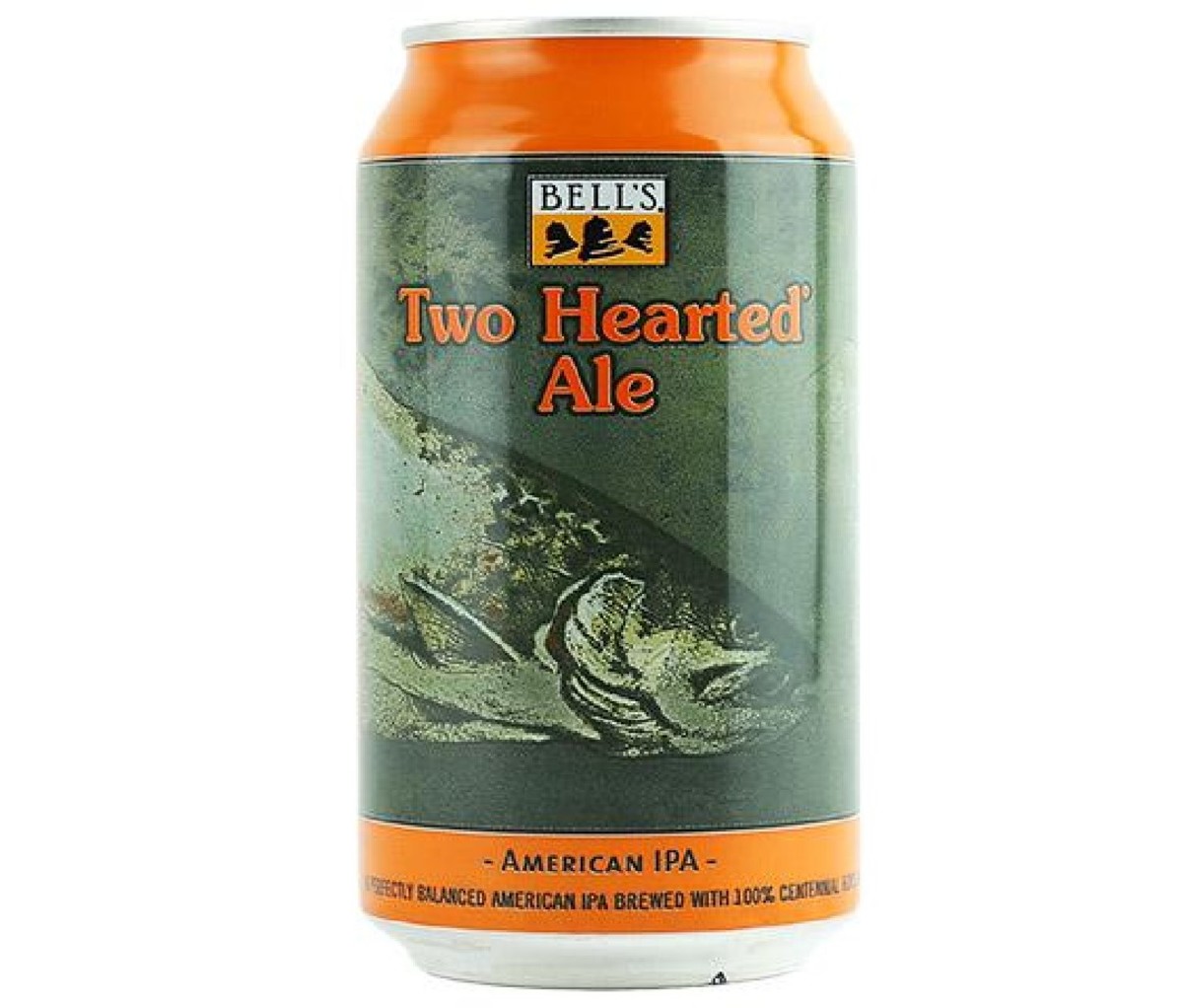 A orange and green can of Bell’s Brewery Two Hearted Ale.
