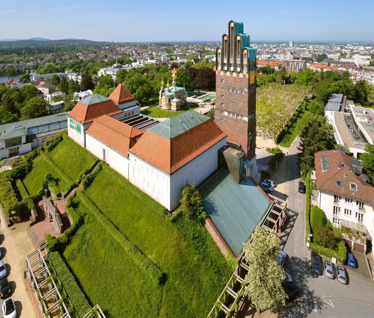 An aerial view of the distinctive architecture and landscaping of Darmstadt.