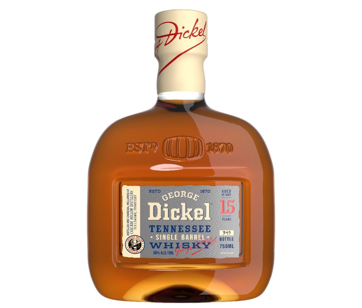 Een fles George Dickel 15-jarige Single Barrel bourbon. Het is beschikbaar in 20 staten.