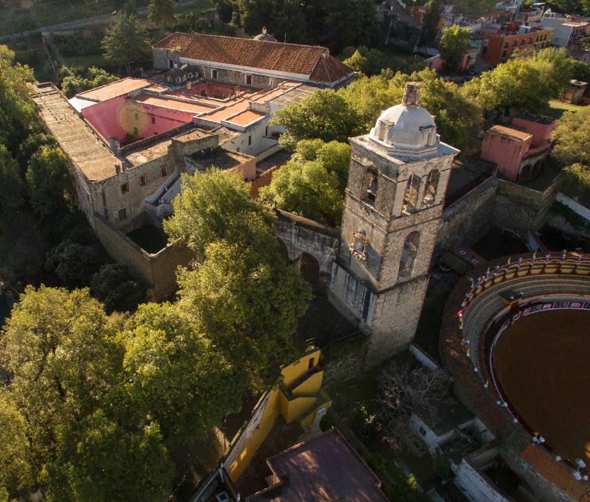 An aerial view of Mexico's Franciscan Ensemble of the Monastery and Cathedral of Our Lady of the Assumption of Tlaxcala.