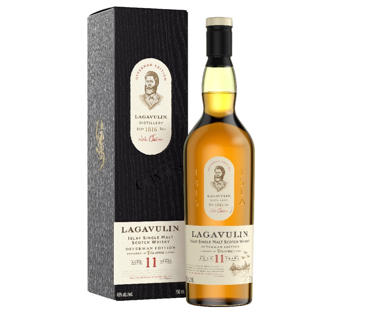A box alongside bottle of Lagavulin Offerman Edition: Guinness Cask Finish