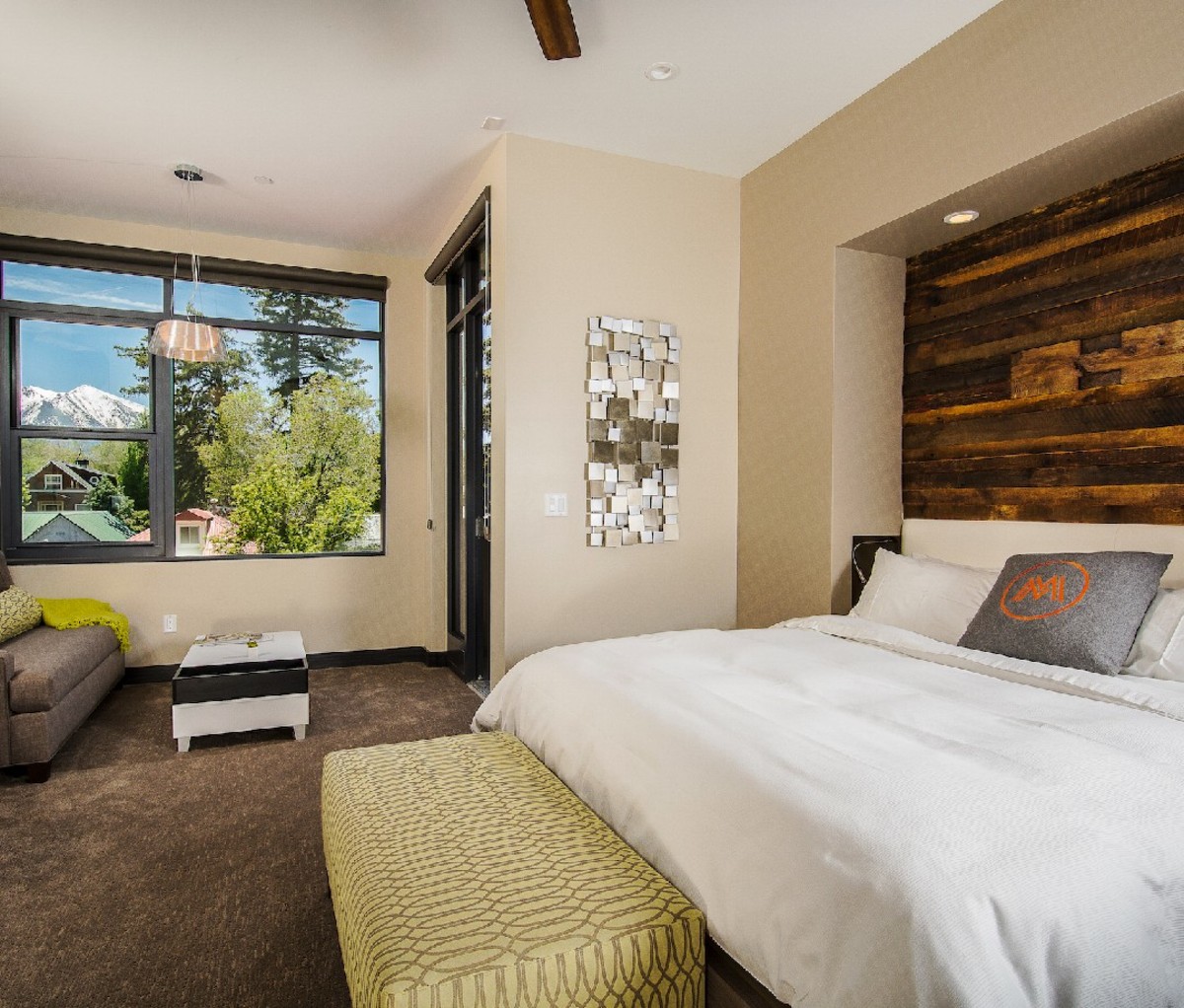 A room at Marble Distilling Co's The Distillery Inn with views of the Colorado mountains.