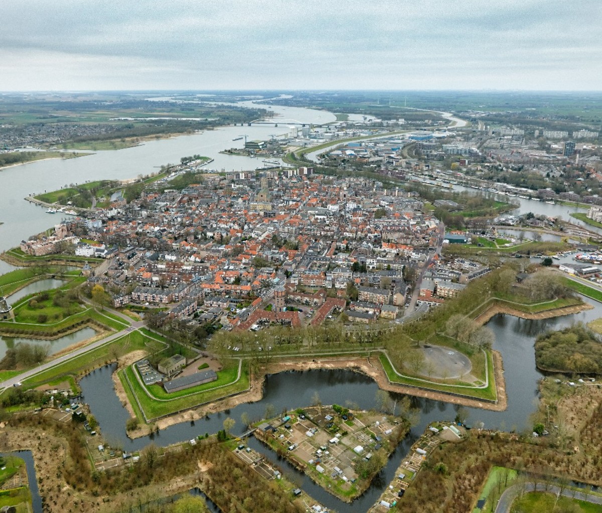 An aerial view of a fort surrounded by water in The Netherlands.