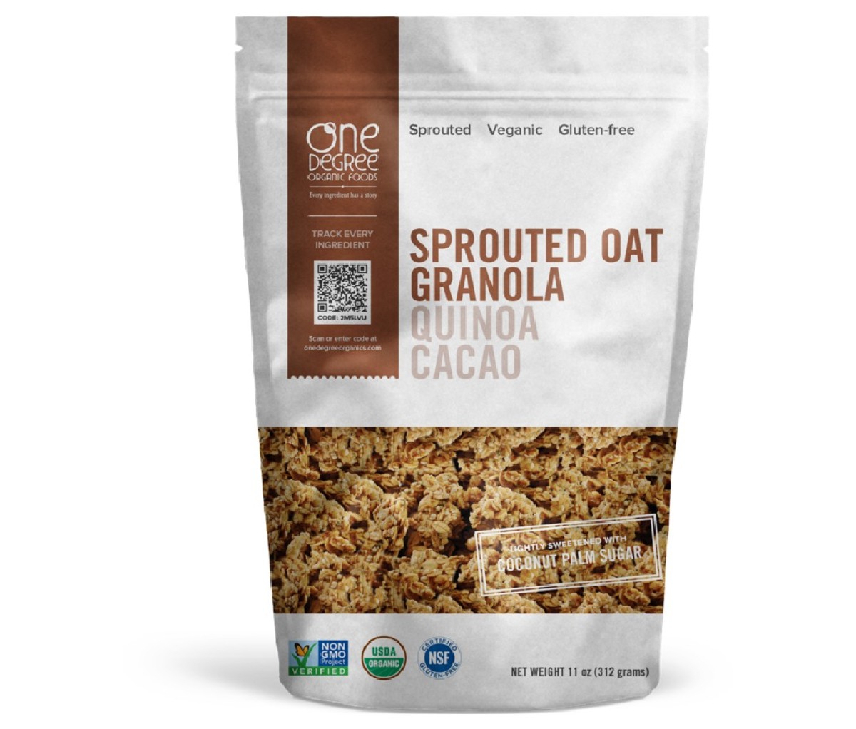 Een zakje met One Degree Organics Sprouted Oat Quinoa Cacao Granola.