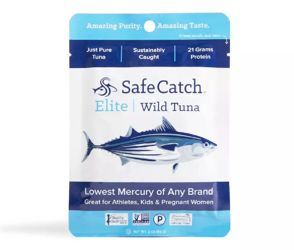 Een zakje Safe Catch Elite Wild Tuna.