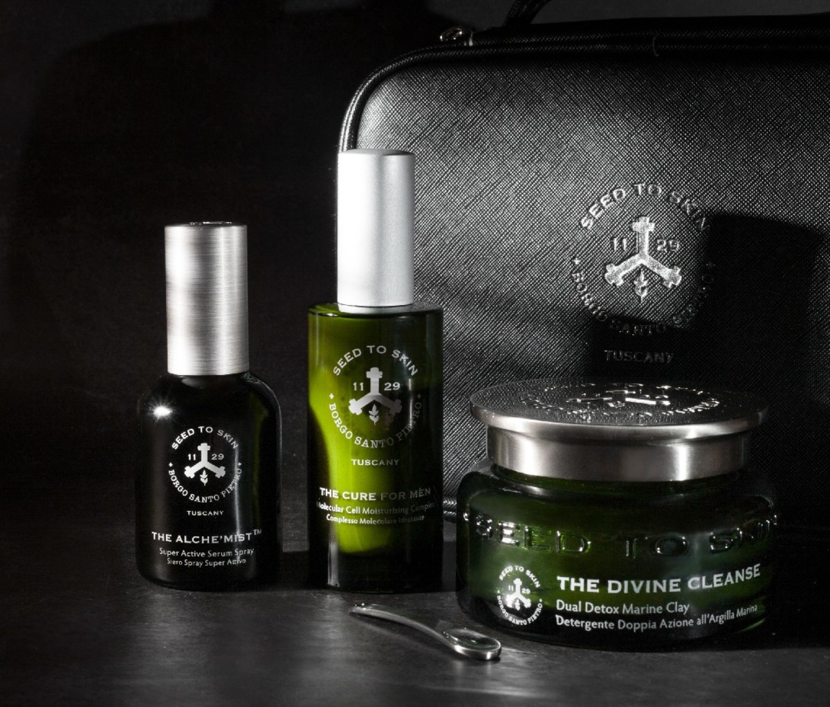 Green bottles and jars of Seed to Skin's Men's Green Ritual Kit