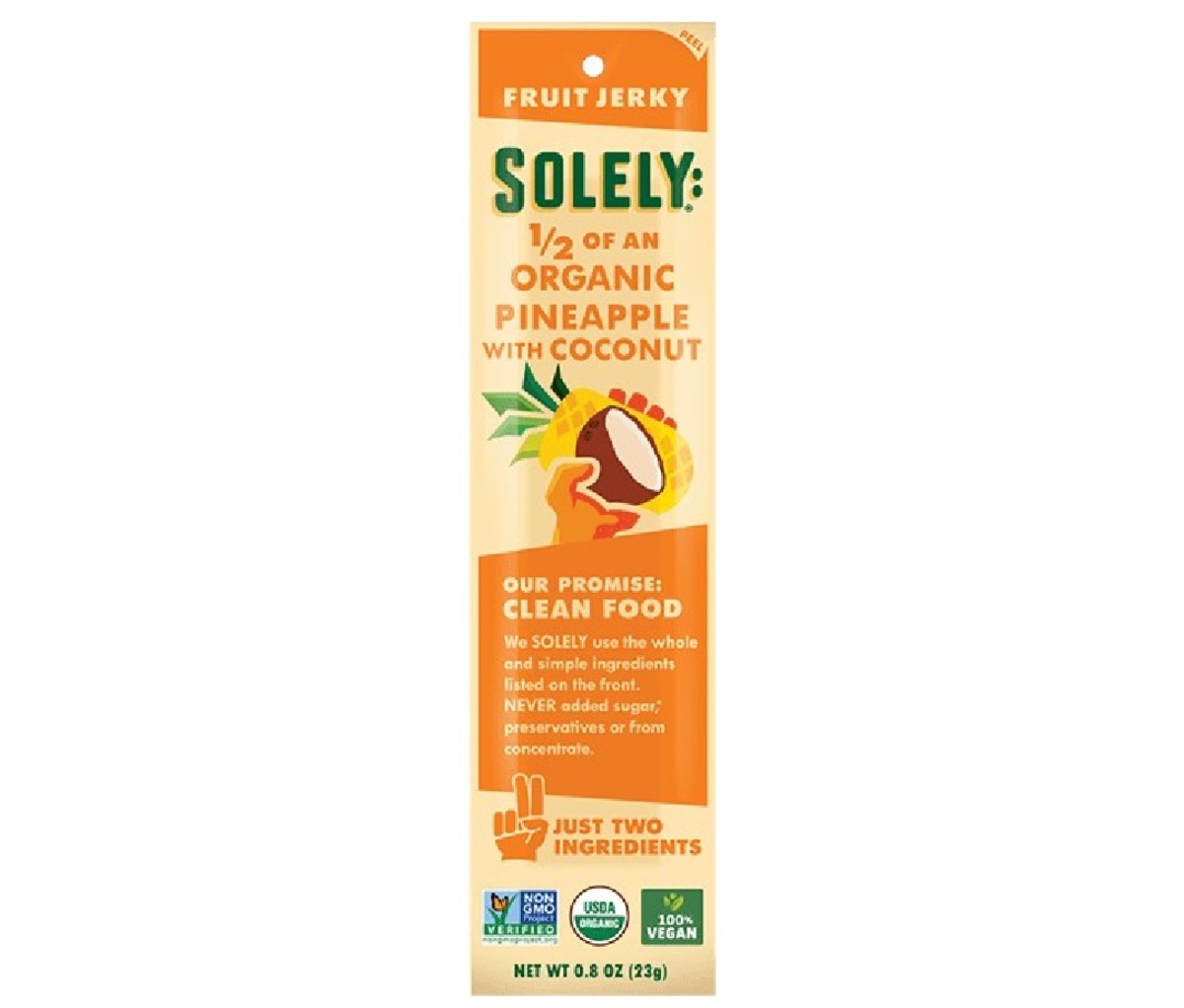 A package with Solely Organic Pineapple with Coconut Fruit Jerky.