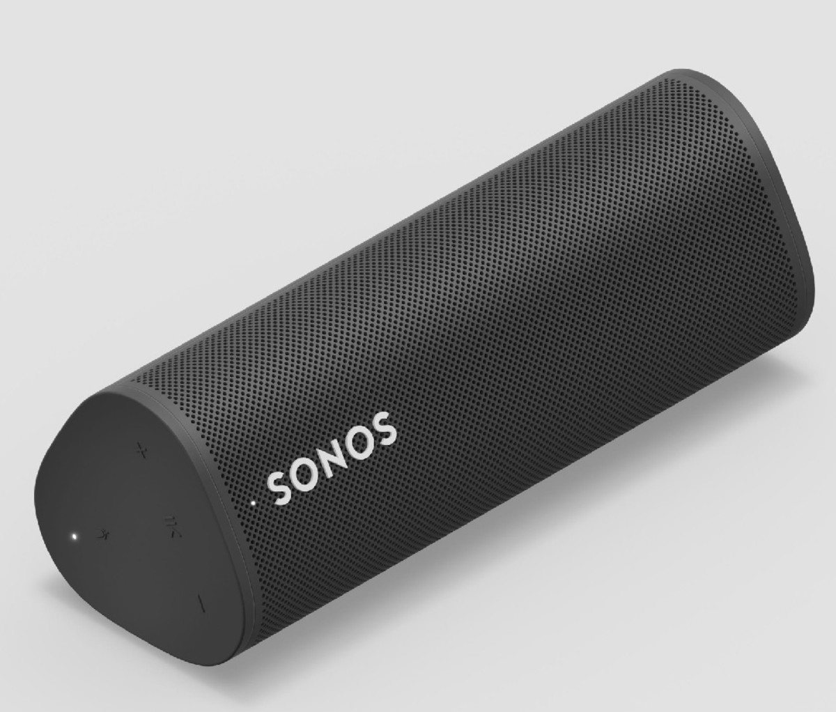 Een zwarte halfcilindrische Sonos Roam draagbare speaker.