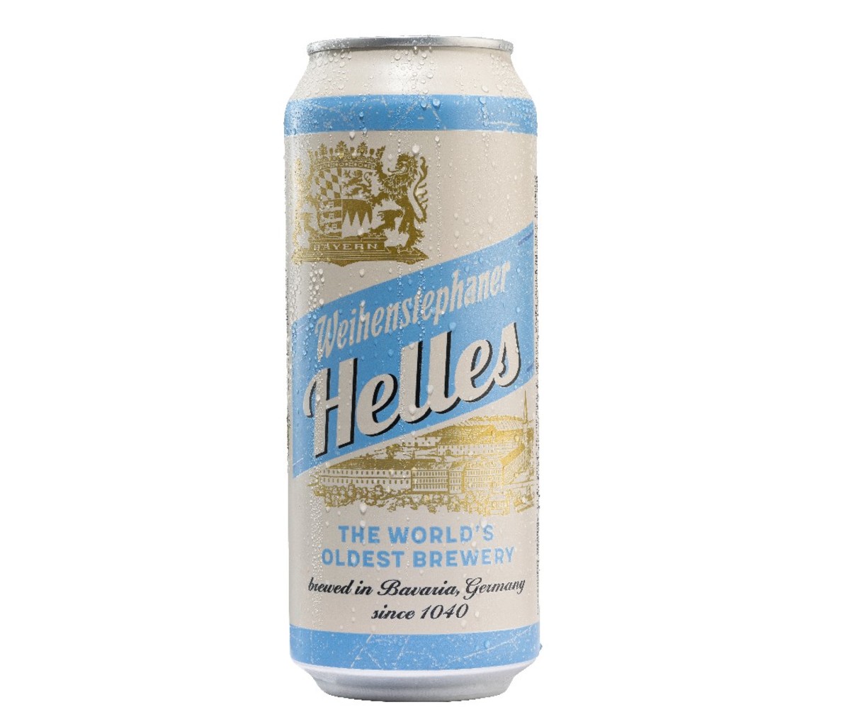 A can of Weihenstephaner Helles beer.