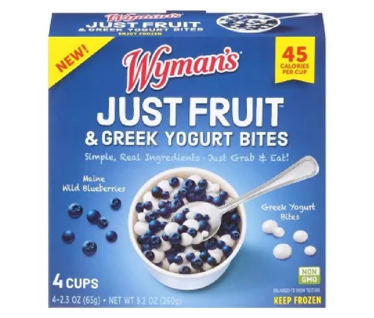 Wyman's Just Fruit is een kant-en-klare snack die slechts 45 calorieën bevat en ongeveer ¼ kopje fruit per portie bevat. Het is net zo voedzaam als vers fruit en is gemakkelijk te eten. Wyman's gebruikt een vriestechniek om hun wilde bosbessen uit Maine te combineren met Griekse yoghurtbeten.