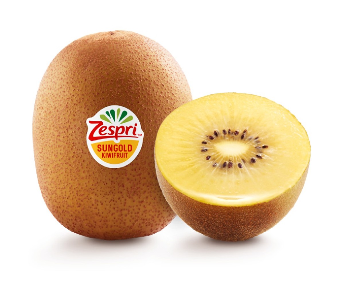 Twee SunGold kiwi's. Een ervan is doormidden gesneden en vertoont een geel interieur. Op de andere zit een Zespri sticker.