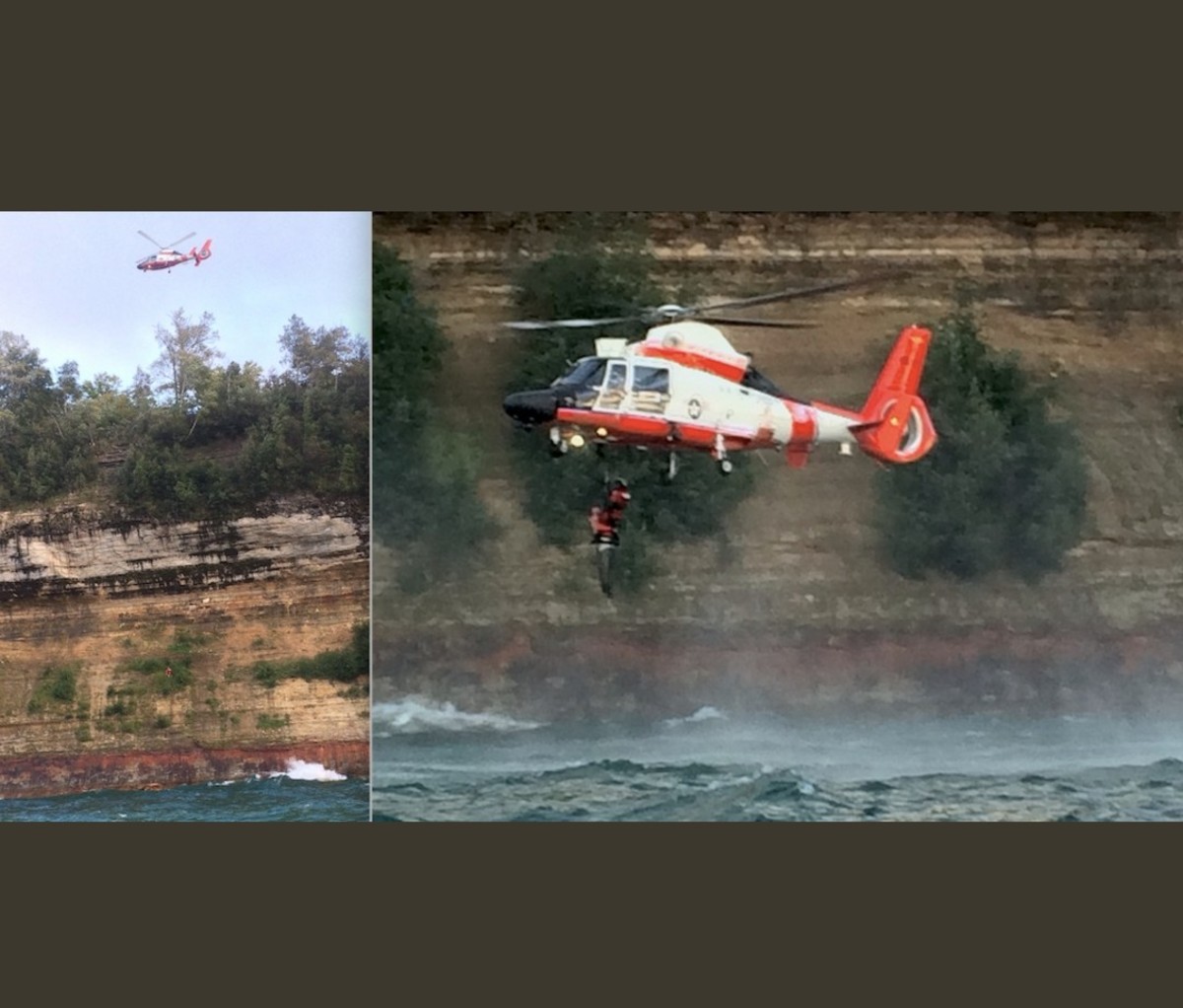The aircrew hoisted Jim from an unusually high altitude in order to stay clear of the cliff and trees, then moved over the lake to reel him to the aircraft.