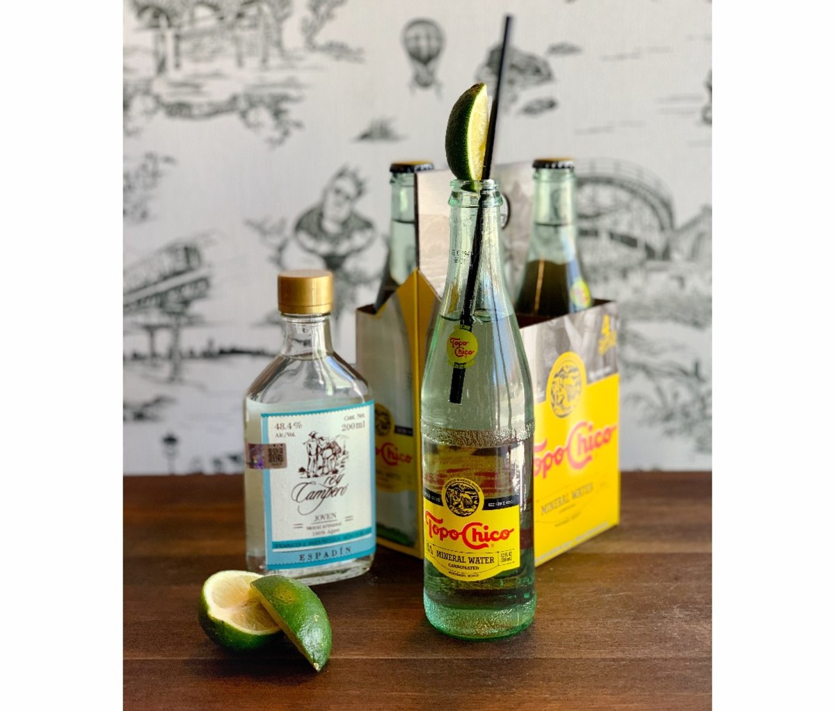 Ranch water cocktail made of mezcal and Topo Chico sparkling water
