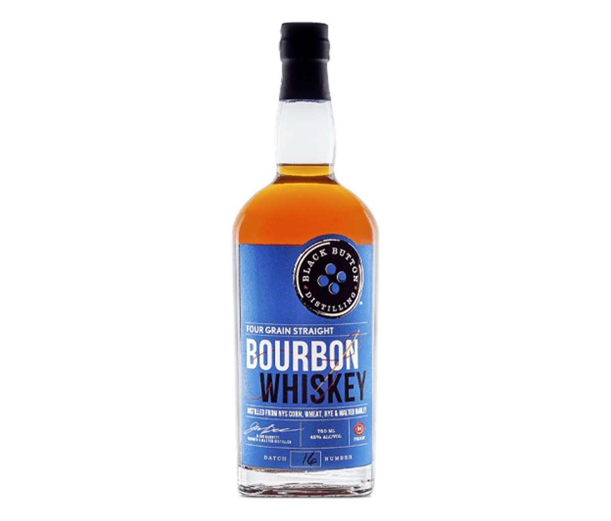 A bottle of Black Button Four Grain Straight Bourbon
