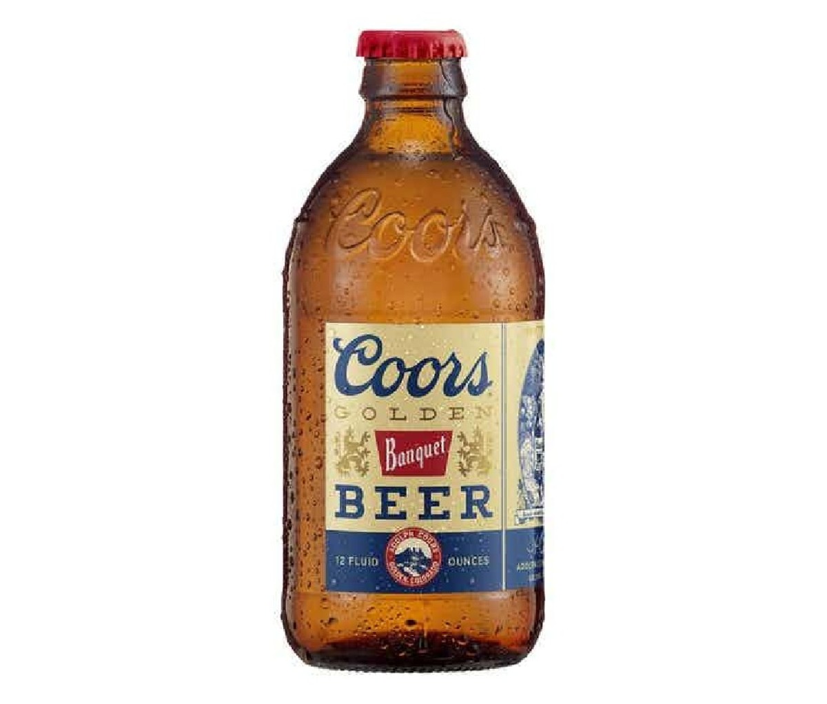 A bottle of Molson Coors Beverage Company Coors Banquet Beer.